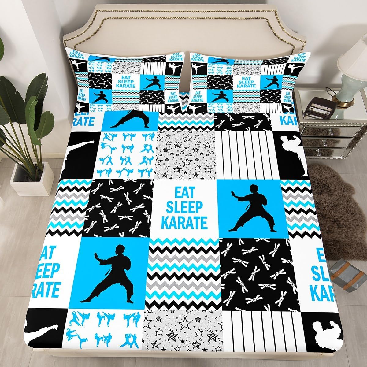 Karate Fitted Sheet Twin Size,Karate Player Silhouette Bedding Set 2Pcs,Teens Men Sports Theme Bed Sheet Stars Stripes Patchwork Blue White Black Plaid Deep Pocket Sheet,1 Pillowcase