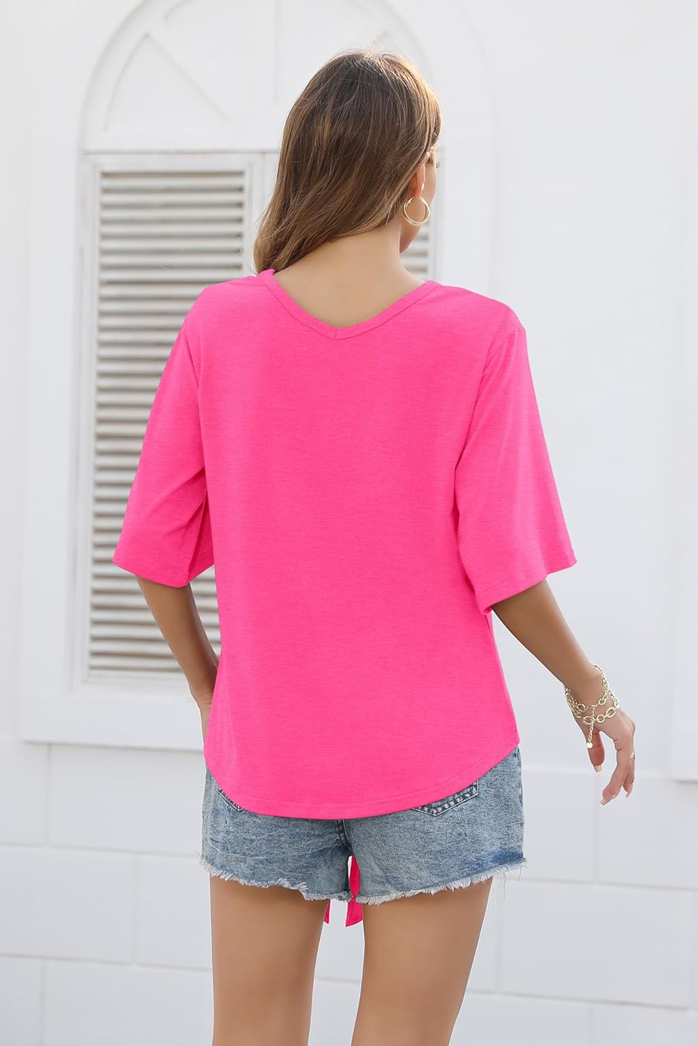 SUEANI Women's Tie Front Tops Summer V Neck 3/4 Bell Sleeve Twist Knot Shirt - Image 2