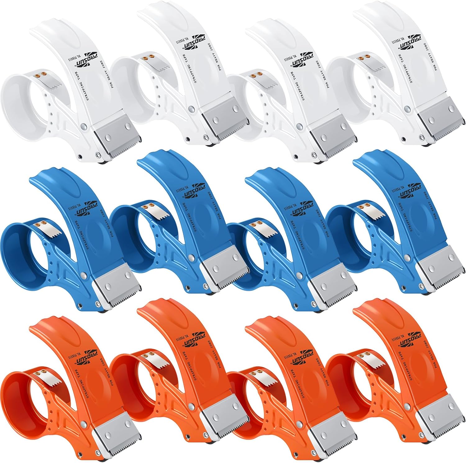 Watersay 12 Pcs 2 Inch Packing Tape Dispenser Gun Heavy Duty Metal Tape Gun for Packing Boxes Wide Tape Gun for Handheld Sealing Cutter Warehouse Tools, White, Orange, Blue