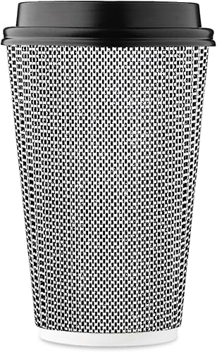 HAKOWARE - Taza de papel de doble pared aislada de 16 onzas con tapa geométrica en blanco y negro café té bebidas de chocolate caliente para llevar
