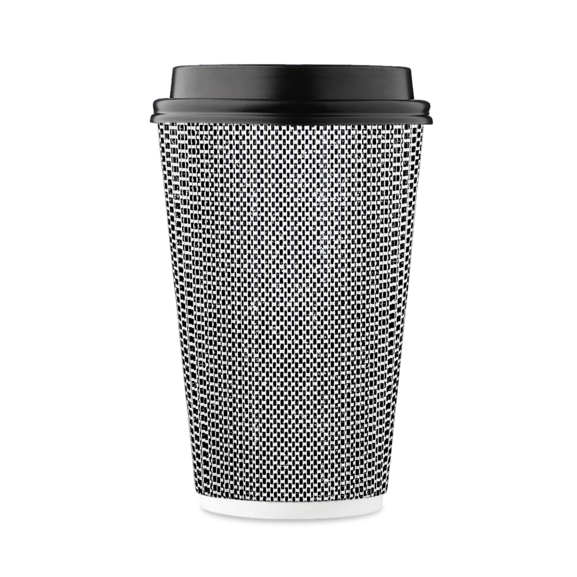 [85 SET]Harvest Pack 16 oz Disposable Coffee Cups, Insulated Ripple Double-Walled Paper Cups with Lids, Black and White Geometric, Drinking Cups for Tea Hot Chocolate Drinks To go coffee cups