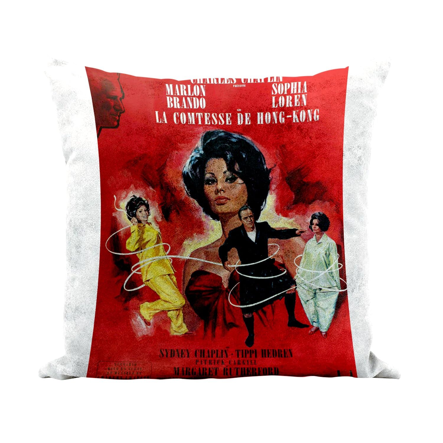 Coussin similicuir blanc lavable 40x40 affiche rétro La Comtesse de Hong-Kong avec housse