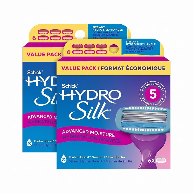 Refis de lâminas para barbeador Schick Hydro Silk com 5 lâminas e composição com manteiga de karité e ácido hialurônico, pacote com 2 caixas de 6 unidades
