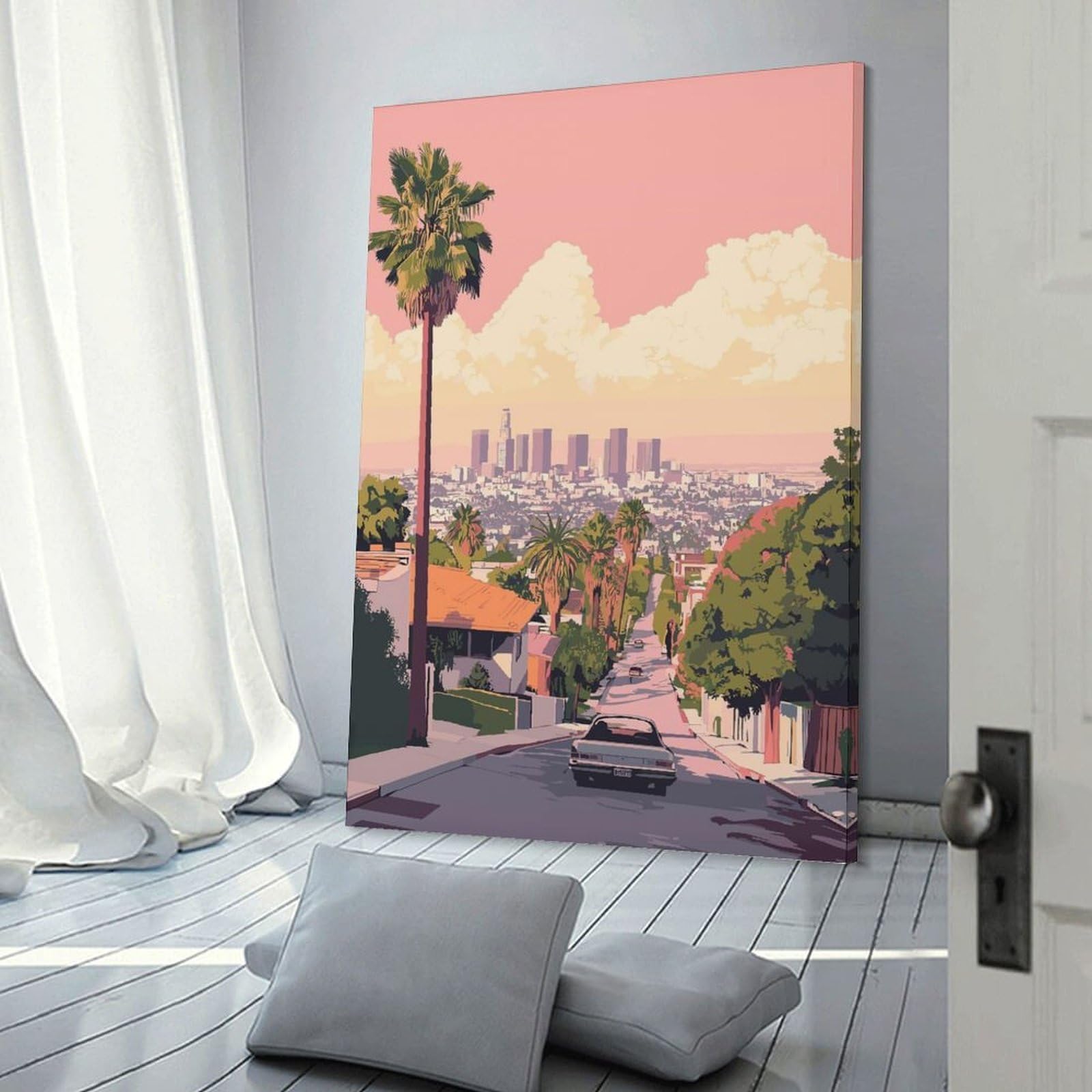 Junmoney Los Angeles Skyline View Decorative Wall Artwork 12x18inch(30x45cm), for Front Hall, Corridor Or Welcome Spaces, Decorative Wall Art for Narrow Spaces