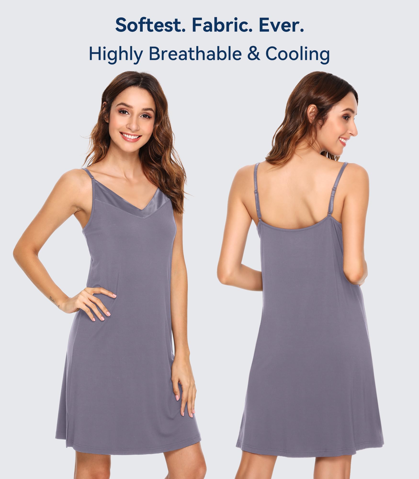 WiWi Bamboo Nightgowns for Women Comfy V Neck Full Slips Nightdress Plus Size Lightweight Spaghetti Strap Camisole S-4X