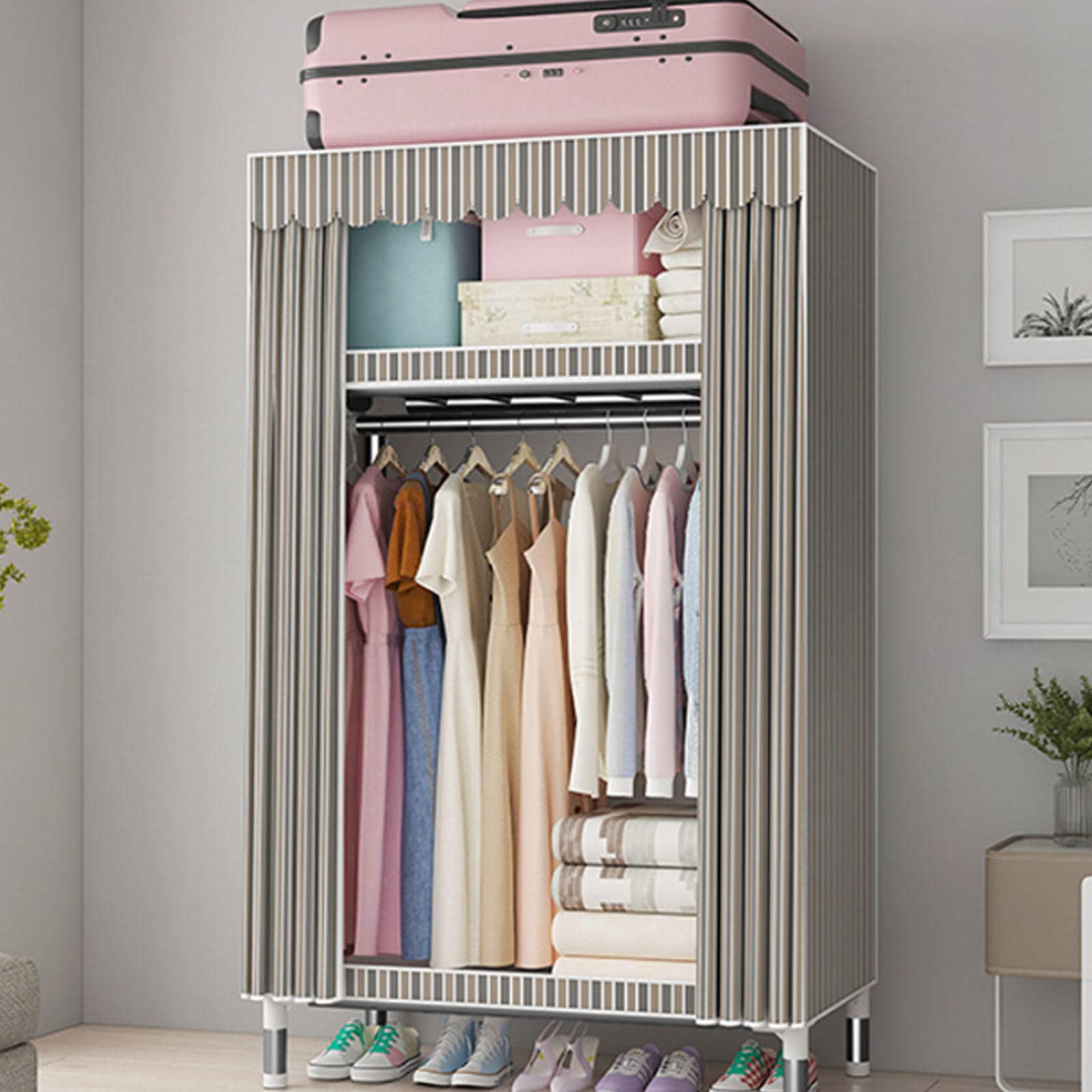 Garde-Robe en Toile Portable, Organisateur de Rangement Pliable pour Placard à vêtements avec Rail de Suspension, étagères, Housse en Tissu, étagères de Garde-Robe pour Chambre à Coucher, D-