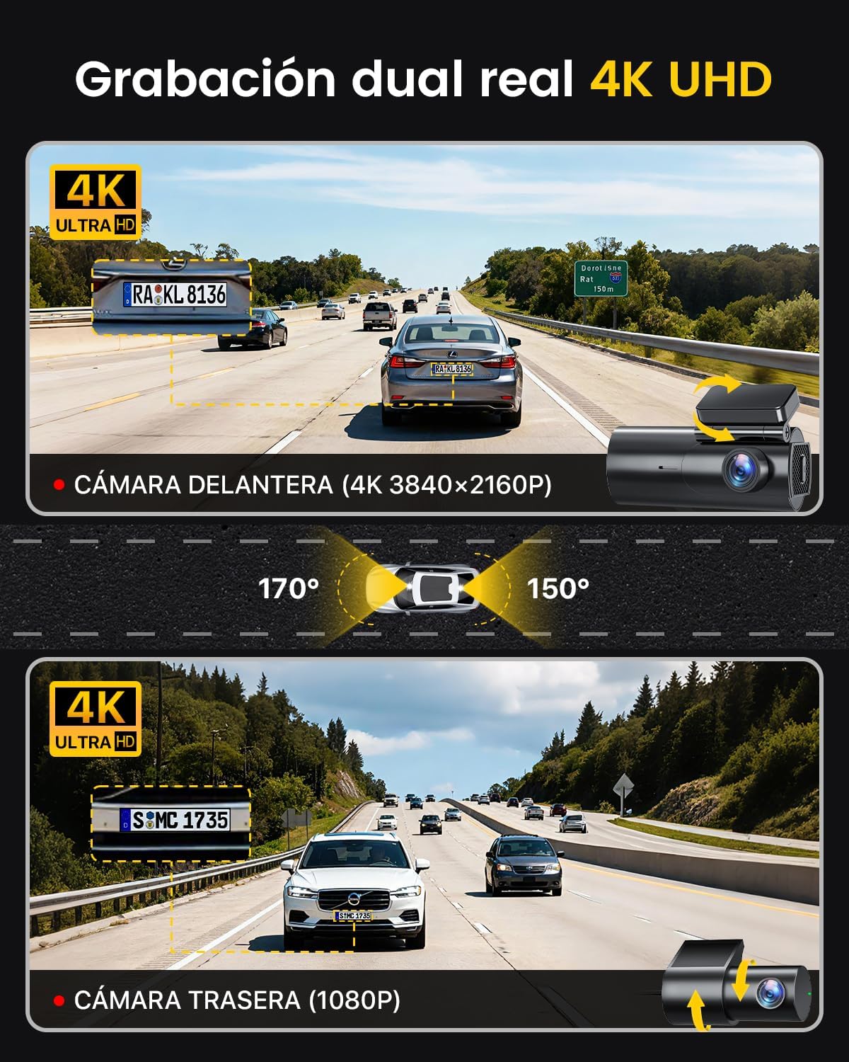 GKU Dashcam Cámara Coche 4K+1080P, 5GHz WiFi Dash CAM Coche con Tarjeta SD de 64GB,Camara Coche Grabadora,170° Gran Angular,Visión Nocturn,WDR,Sensor G,Monitor de Aparcamiento 3