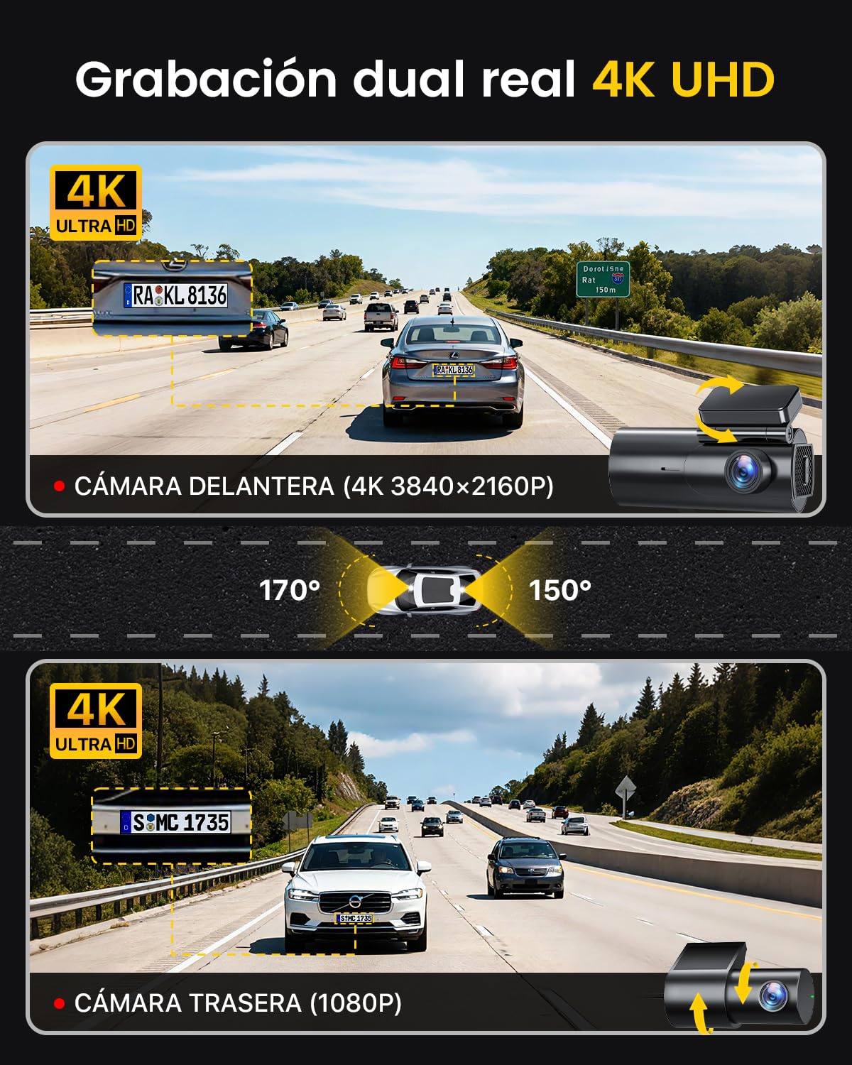 GKU Dashcam Cámara Coche 4K+1080P, 5GHz WiFi Dash CAM Coche con Tarjeta SD de 64GB,Camara Coche Grabadora,170° Gran Angular,Visión Nocturn,WDR,Sensor G,Monitor de Aparcamiento,Grabación de Bucle — view 2