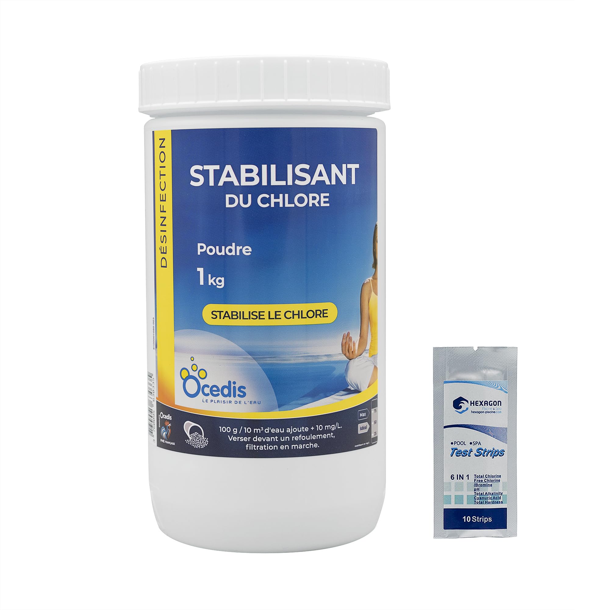 OCEDIS STABILISANT du Chlore Poudre - 1kg | Stabilisant - Stabilisateur du Chlore + 10 Tests HPS OFFERTS 6 en 1