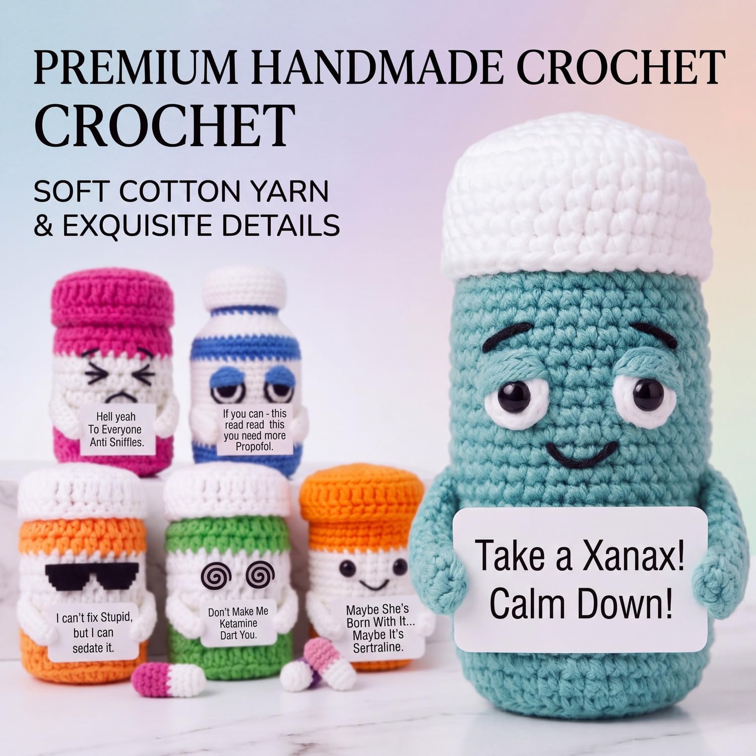 6 Pcs Pharmacy Week Gifts Crochet Pill Crochet with Positive Card, 6 Colors