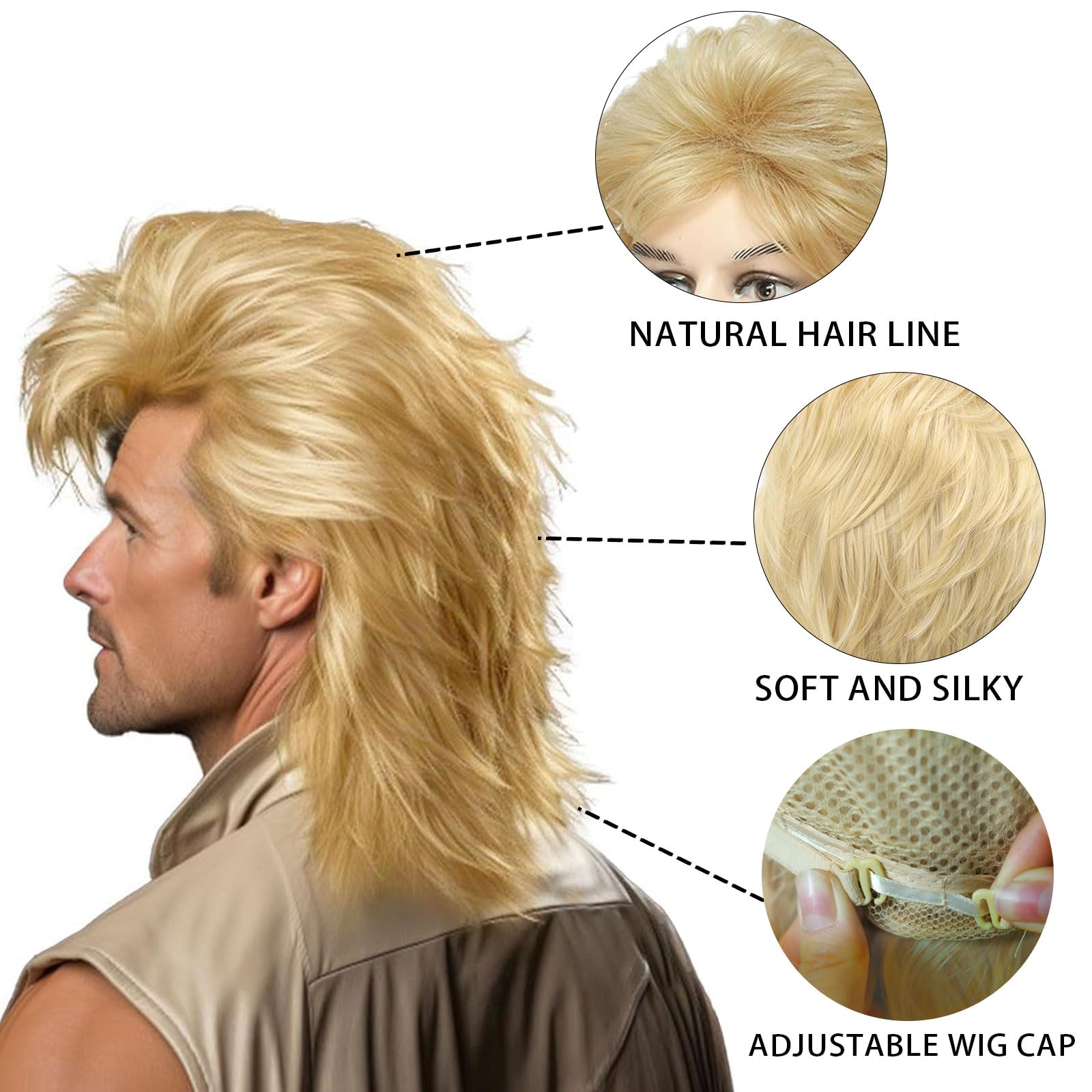 FOUNSHO Blonde Mullet Wig for Men Men's Long Curly Wig - Image 2