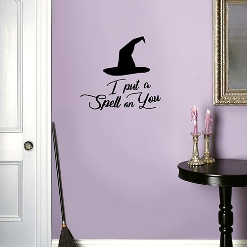 Miniatura 1 de Calcomanía de vinilo para pared, con texto en inglés "I Put A Spell On You", 20 x 22 pulgadas, con sombrero de bruja, letras de felicitación de