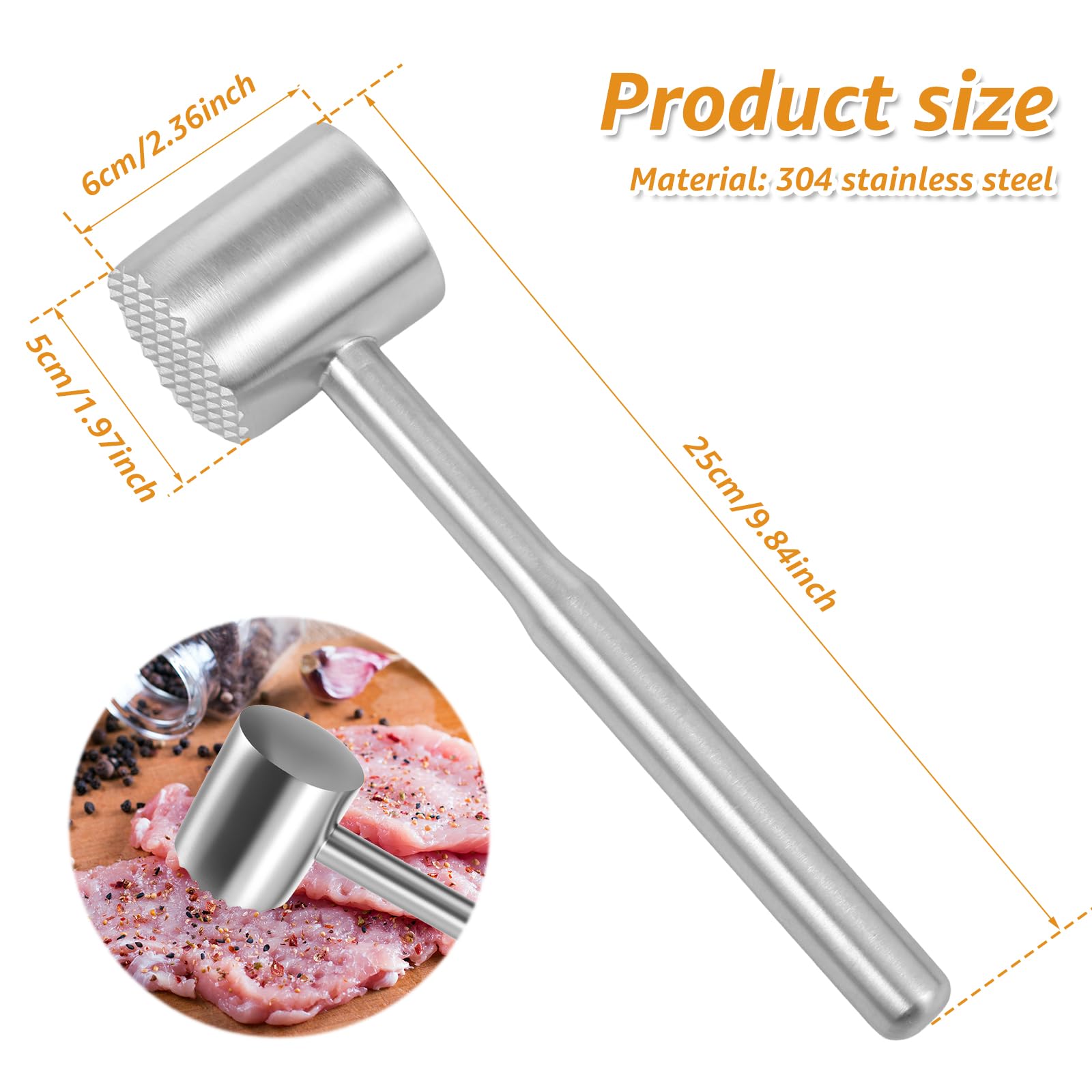 304 Stainless Steel Meat Mallet, Dual Side Design Ergonomic Handle Non Slip Grip for Steak Tenderizing Home Kitchens