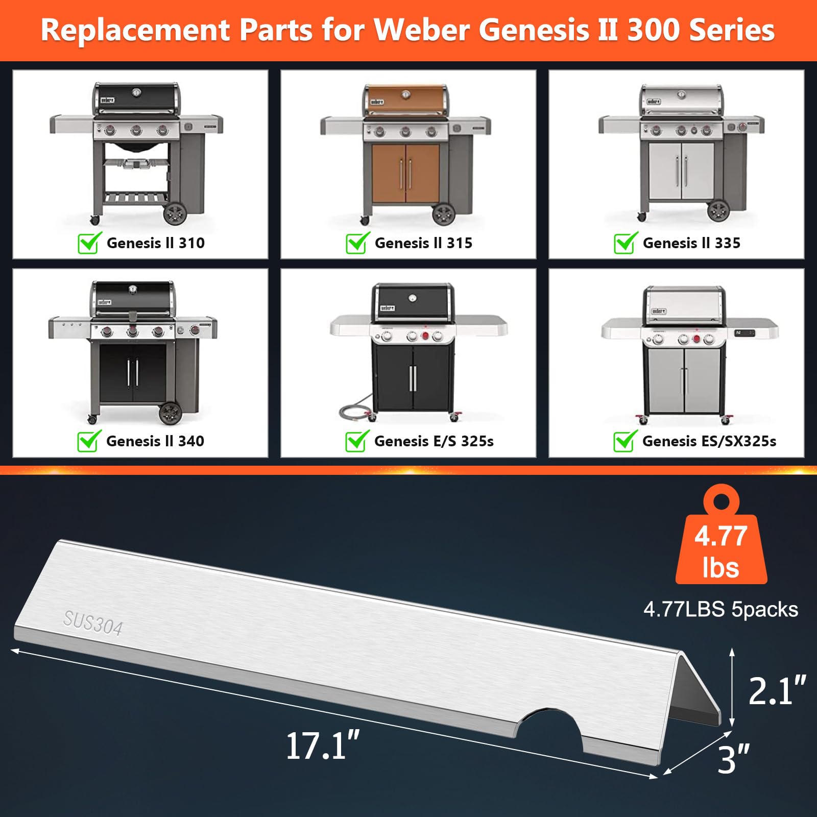QuliMetal SUS304 Flavorizer Bars for Weber Genesis II/LX 300 Series, Genesis II E-310, II E-330, II E-335, II S-335, II LX S/E-340 (2017 and Newer) Gas Grills, Heat Plates Replacements for 66032/66795