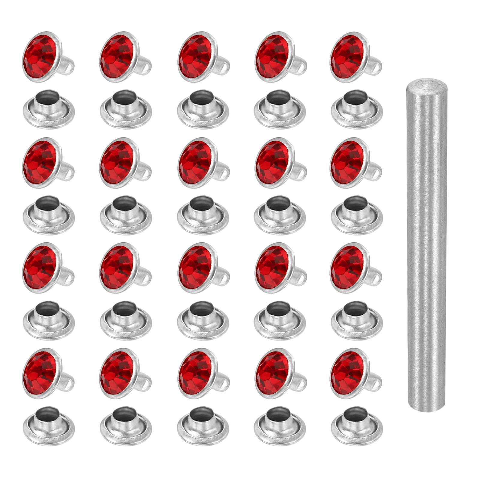 sourcing map 100pcs Crystal Rivets 8mm Rhinestone Rapid Stud Rivets with Steel Installation Tool for Clothing Leather Fabric Arts Crafts Decoration Leathercraft DIY, Silver Red