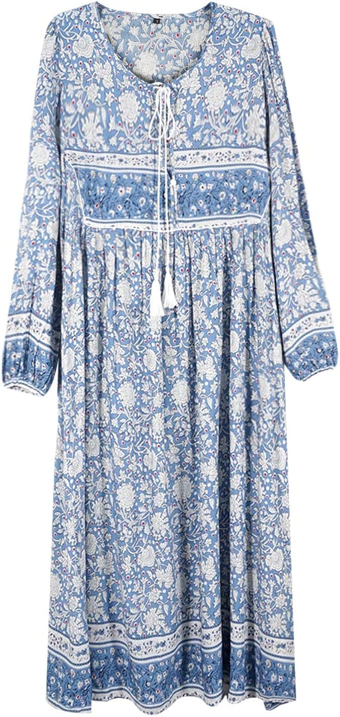 TrendyCosmo Vestido bohemio de manga larga con cuello en V para mujer,  casual, estampado floral, estilo bohemio : Ropa, Zapatos y Joyería -  Amazon.com