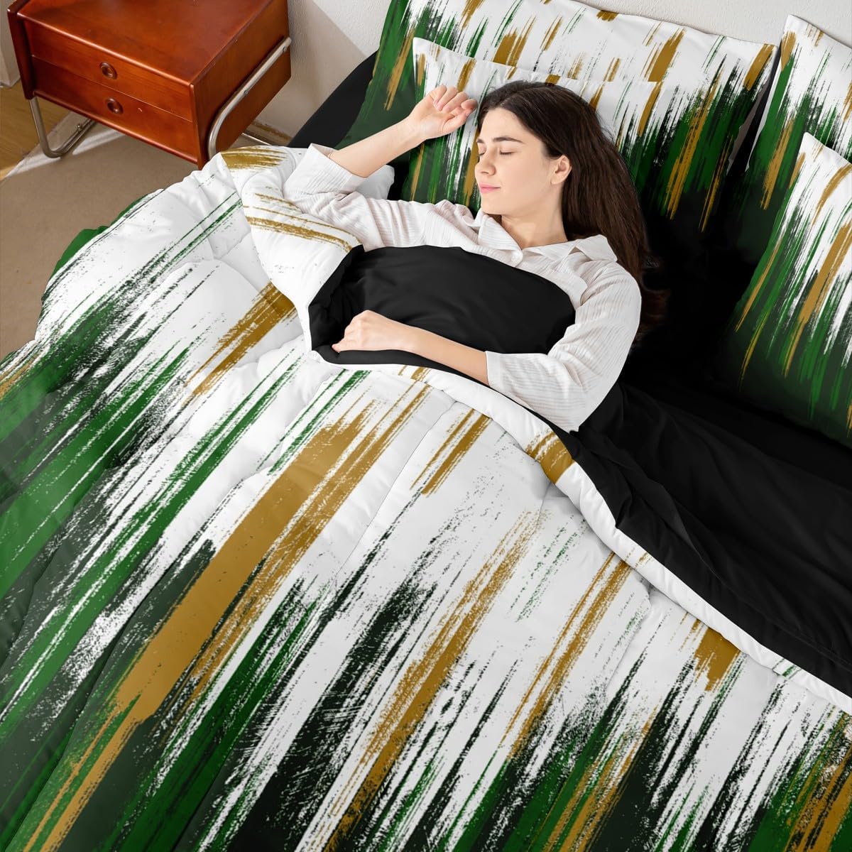 Erosebridal Dark Green Queen Comforter Set 7 Piece for Kids Adults,Modern Oil Painting Abstract Bedding Set Green White Yellow Brush Strokes Graffiti Art Bed in A Bag with Sheets Chic Vintage Bed Set