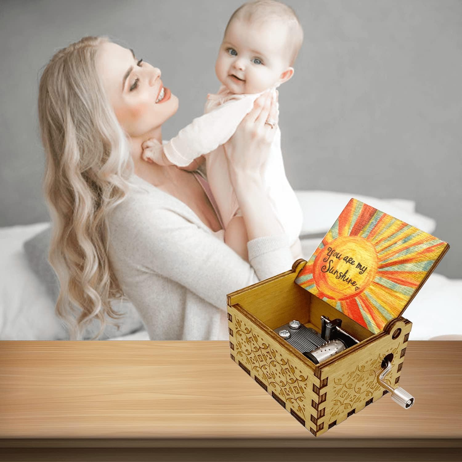 Music Box You are My Sunshine, Unique Gifts for Mom/Daughter/Wife, Wooden Hand Crank Vintage Colorful Musical Boxes for Birthday/Anniversary/Christmas/Valentines Day/Mothers Day Wood