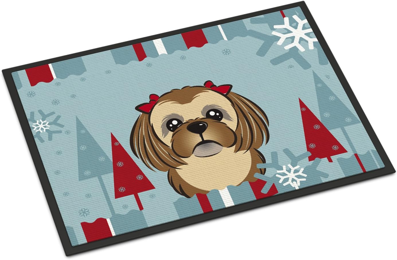 Caroline's Treasures BB1745MAT Winter Holiday Chocolate Brown Shih Tzu Doormat 18x27 Front Door Mat Indoor Outdoor Rugs for Entryway, Non Slip Washable Low Pile, 18H X 27W