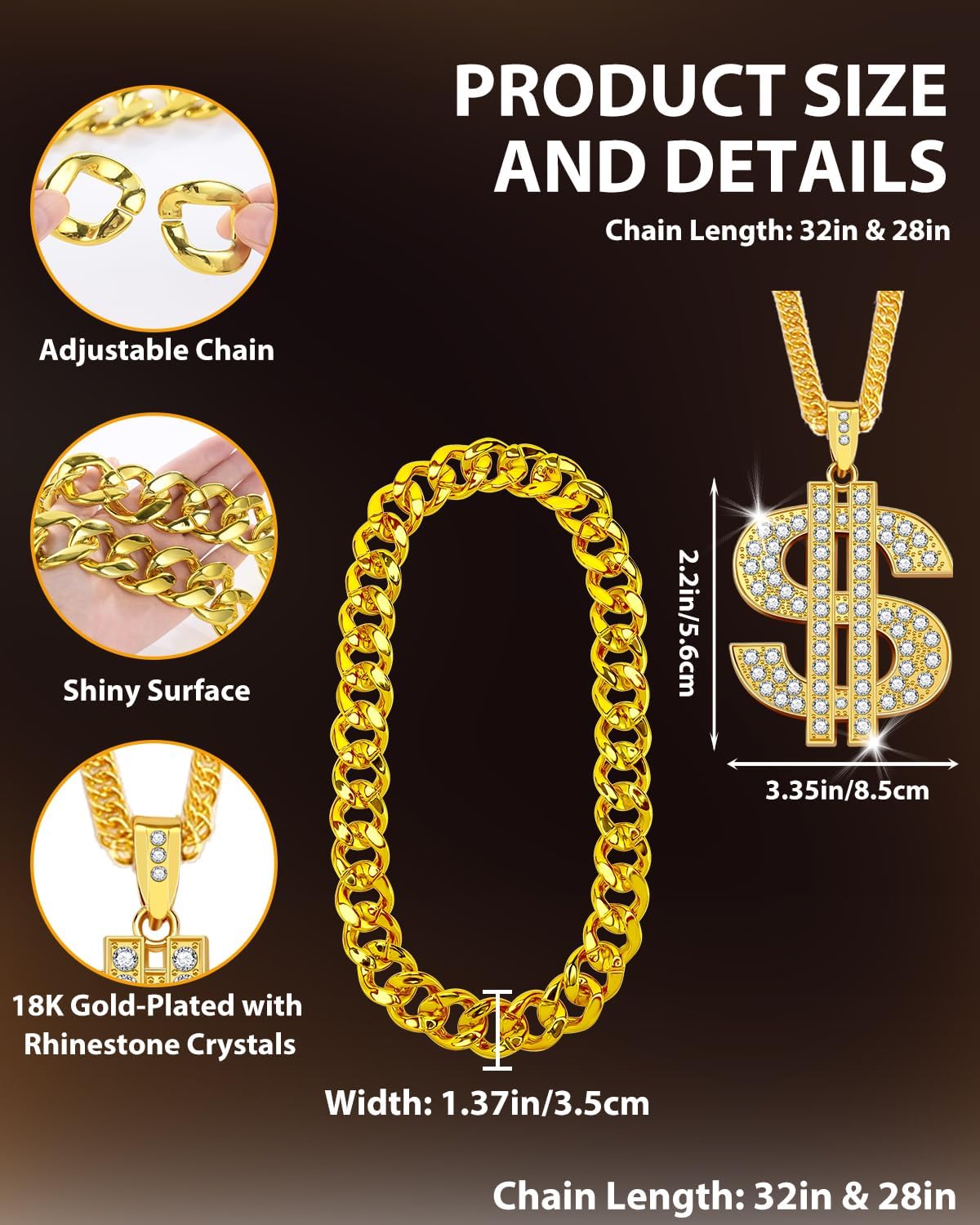 Hoedia 4 PACK 80s 90s Hip Hop Costumes Outfit Kit with Fake Gold Chains, Money Chains, Sunglasses, Large Dollar Sign Finger Rings Rapper Accessories for Men and Women Halloween Party Dress Outfits - Image 4