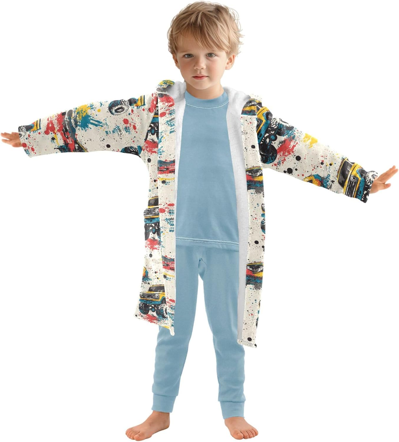 Yellow Monster Trucks Bathrobe Hooded PJ Robe Soft Fleece Robe Pajama Sleepwear 2-12 Years