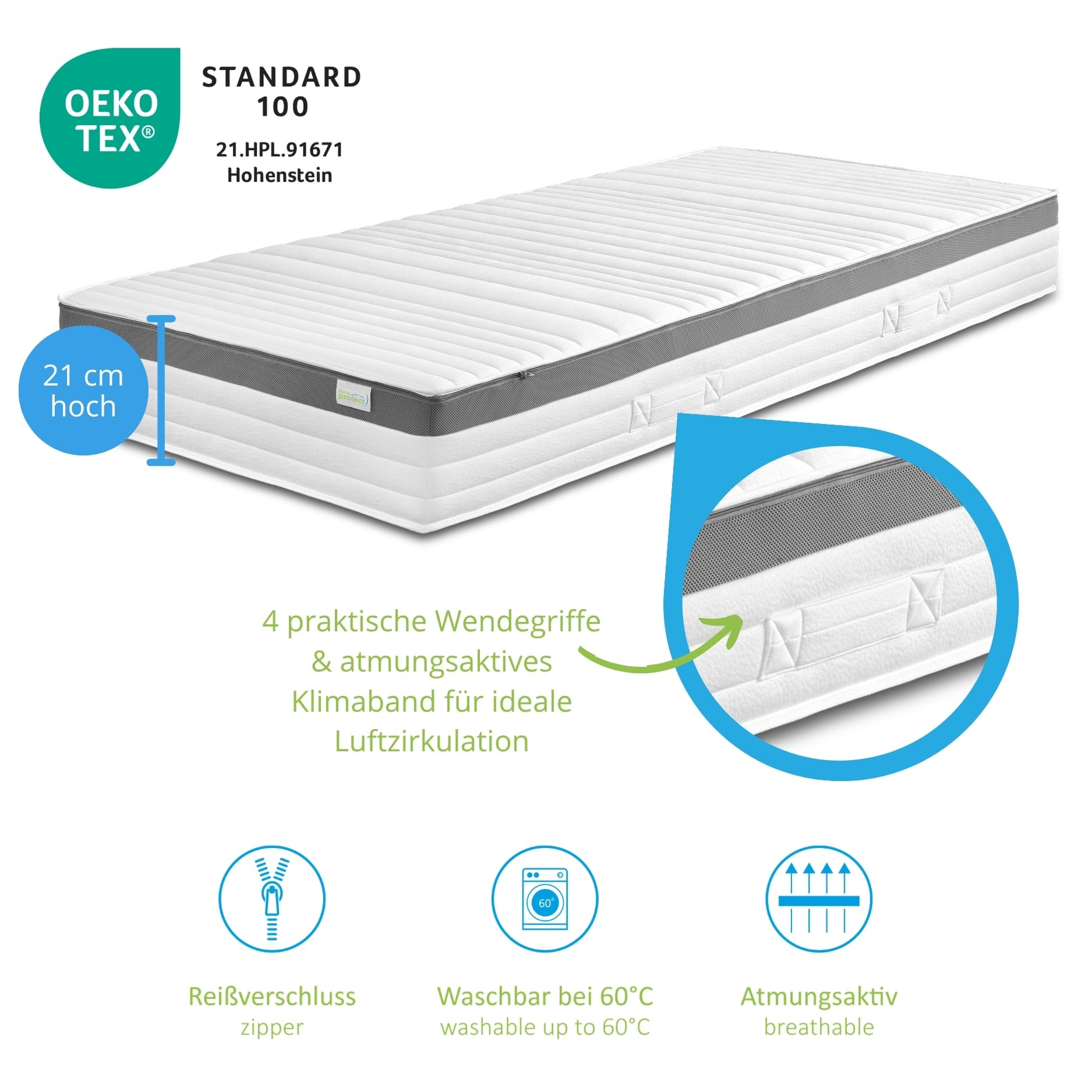 Bodyprotect Federkernmatratze 100x200 cm, orthopädische Matratze Härtegrad H4, ergonomische 7 Zonen Taschenfederkernmatratze, Mattress 100 x 200, Höhe 21, Made in EU, Oeko-TEX
