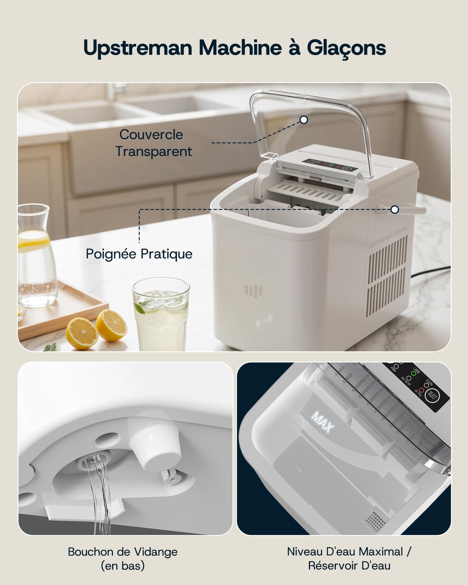 Upstreman Machine à Glaçons,9 Glacons en 6-8 Min,12kg/24h,2 Tailles de Glaçons,1,5L,Autonettoyante,Machine a Glace Portable pour Maison,Cuisine,Camping,Blanc,BI12