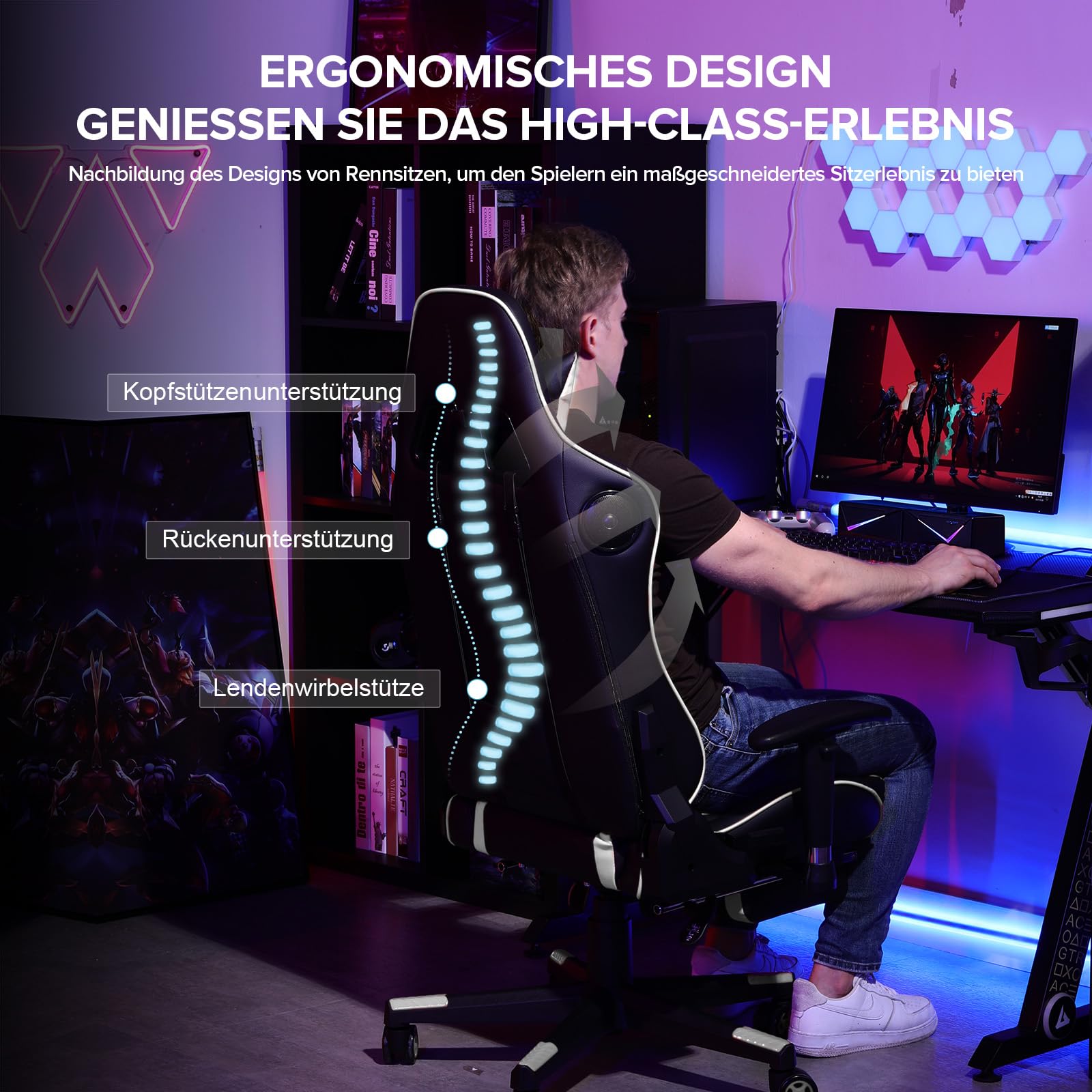 GTPLAYER Gaming Stuhl Gamer Stuhl mit Fußstütze Bluetooth Lautsprecher Ergonomischer Bürostuhl Computerstuhl Schreibtischstuhl PC Stuhl mit verstellbare Rückenlehne 150 kg Belastbarkeit weiß