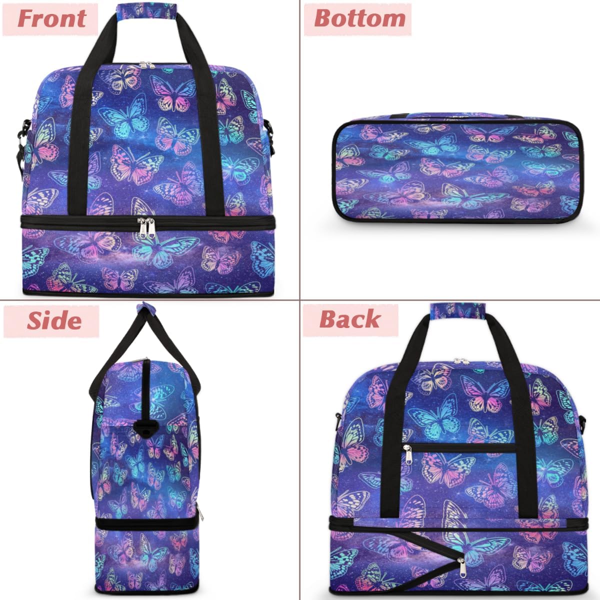 QsirBC Adorable Butterflies Design Gym Bag for Women Duffle Tote with Shoes Compartment Men Weekender Duffel for Dance Travel Sports Swimming Overnight