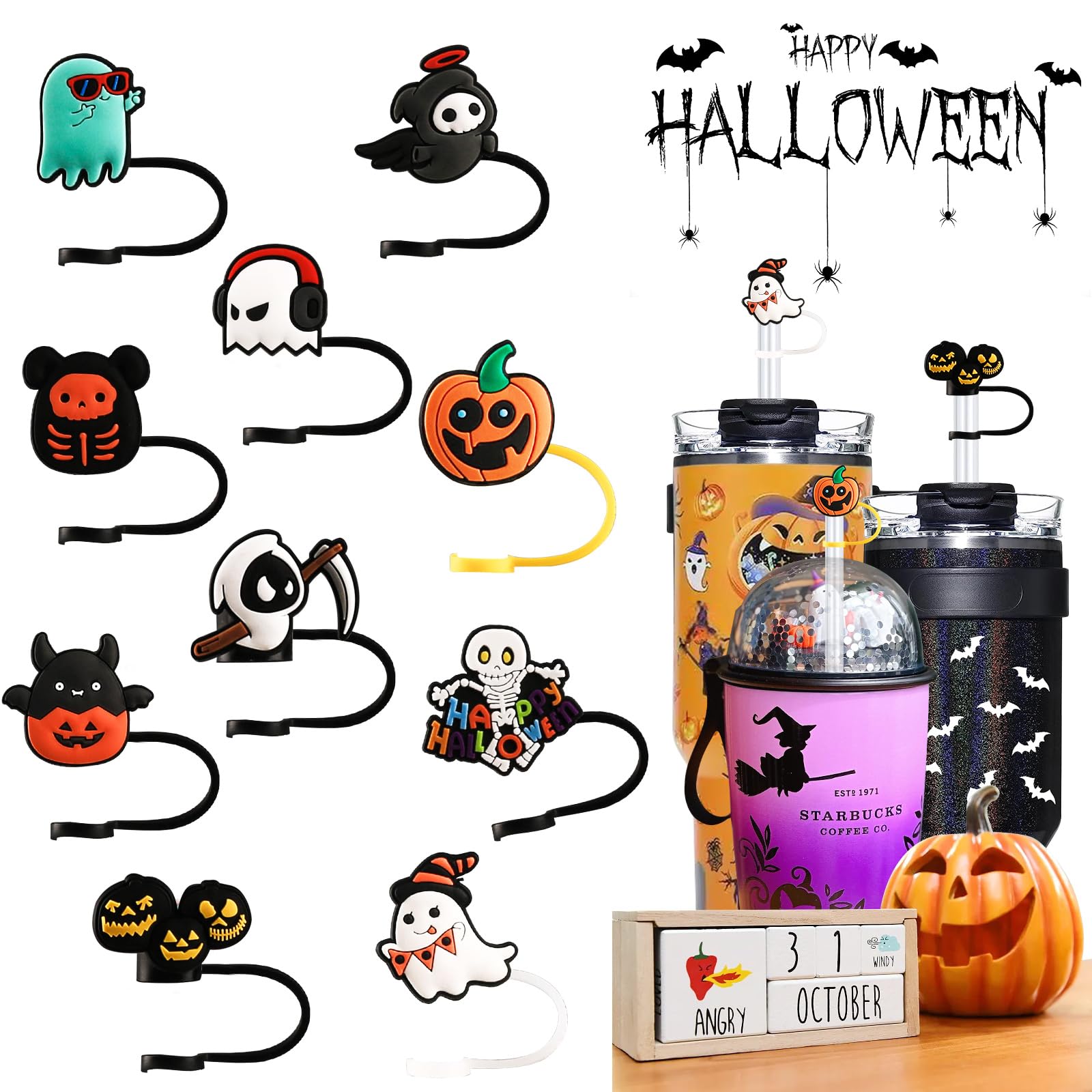 Halloween-Trinkhalm-Abdeckkappen Für Stanley-Becher – 5 Stück, Silikon, Wiederverwendbar Mit Gruselmotiven