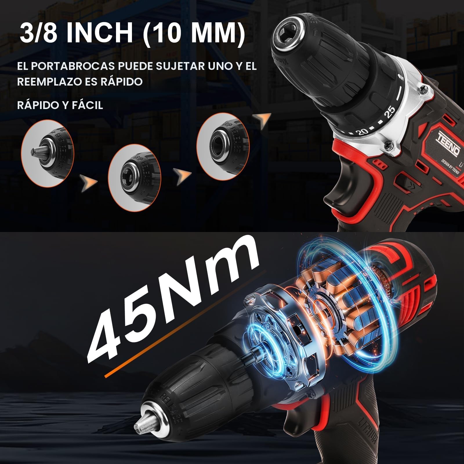 TEENO Taladro Atornillador Inalámbrico para Batería Makita de 21V 2 * 2,0 Ah Baterías,con Cepillo Antióxido de Metal, 45 Nm,25+1 Configuraciones de Par, 2 Velocidades, LED, 31 Accesorios y Maletín