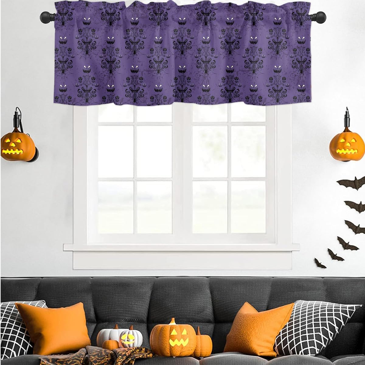 2 Pack Halloween Kitchen Curtains Valances for Windows Haunted Mansion Ghost Purple Valances for Cafe Bathroom Living Room Short Topper Treatments Curtains Over Sink with 3 inch Rod Pocket, 54x18in