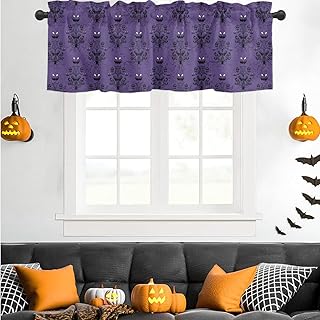 Halloween Kitchen Curtains Valances for Windows Haunted Mansion Ghost Purple Valances for Cafe Bathroom Living Room,1 Panel Short Topper Treatments Curtains Over Sink with 3 inch Rod Pocket, 54x18in