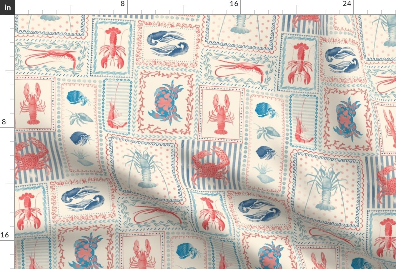 Spoonflower Fabric - Coastal Patchwork Cream Blue Red Stripes Crab Lobster Marine Life Printed on Chiffon Fabric Fat Quarter - Upholstery Home Decor Bottomweight Apparel
