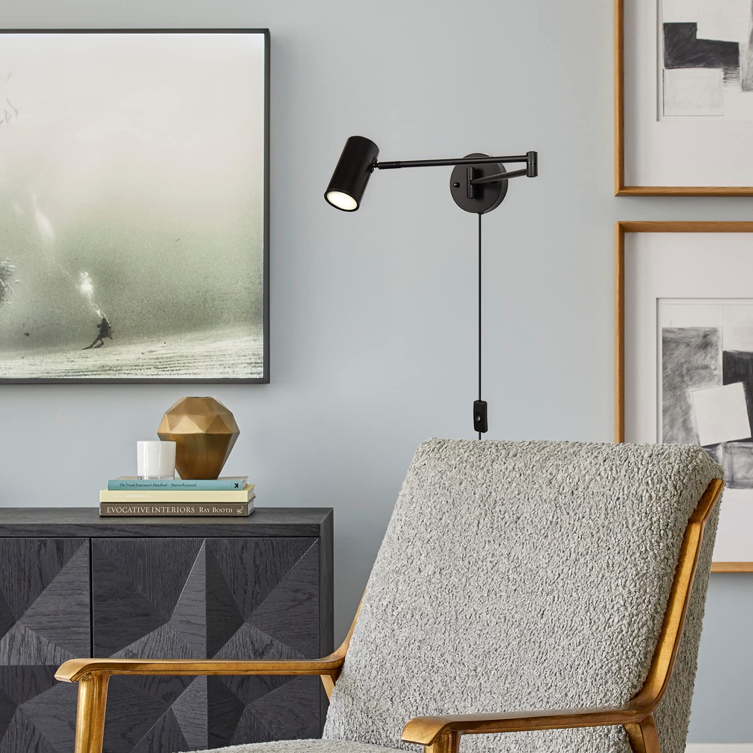 Swing Arm Plug in Wall Sconce Set of 2, Black Swivel Arm LED Wall Lighting for Bedroom Living Room