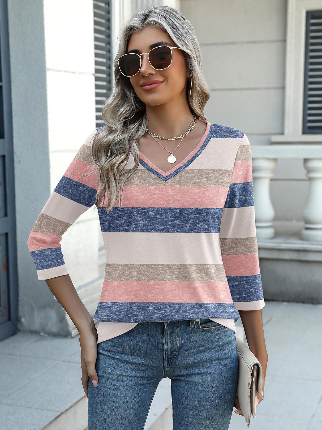 Zeagoo Womens Blouse Casual 3/4 Length Sleeve V Neck Basic T-Shirts Spring Summer Cute Tunic Tops Business Work Tees - Image 4