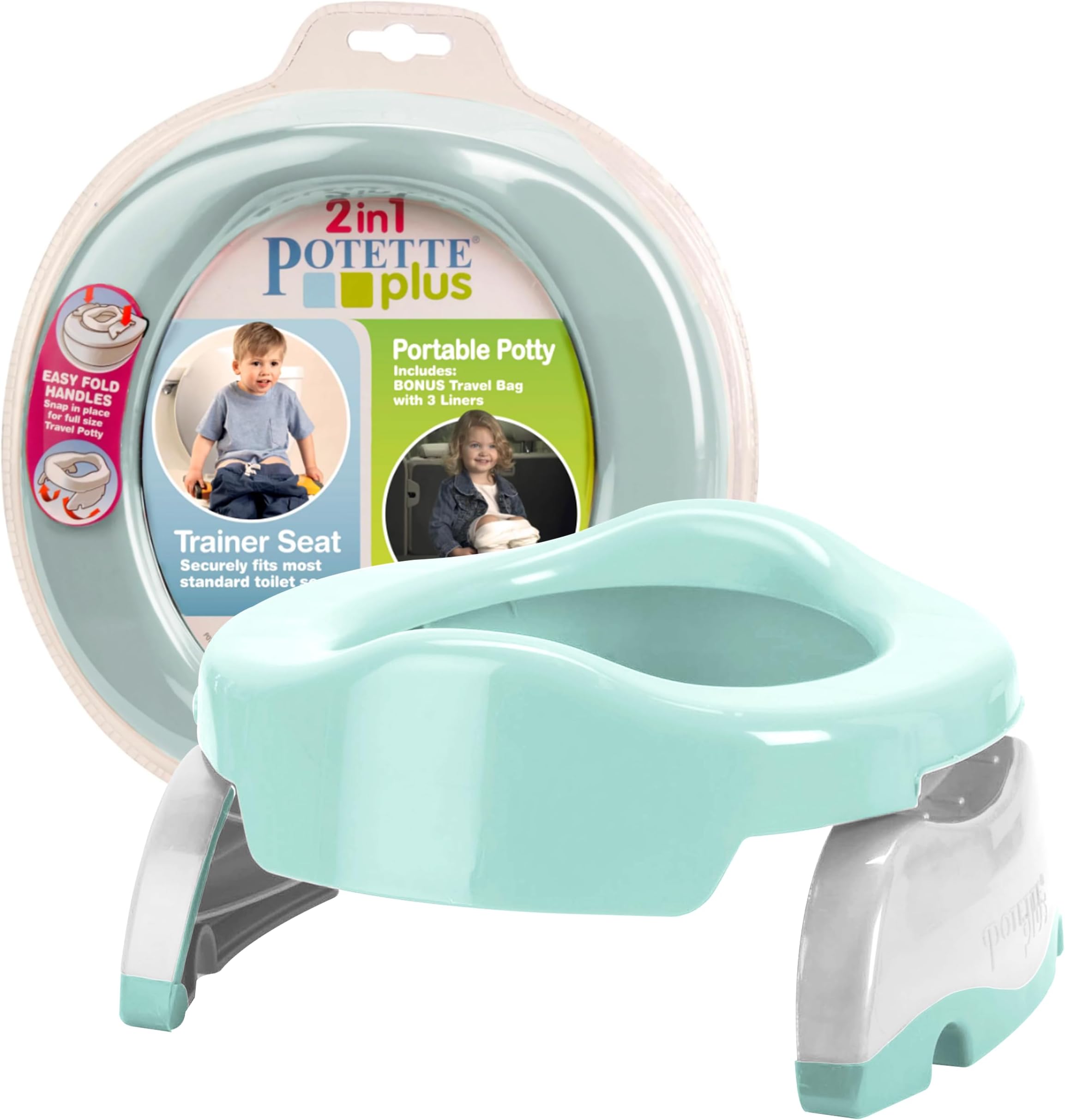 Potette Plus 2-in-1 Travel Potty and Trainer Seat - Dual-Purpose Potty Training Toilet Seat - Portable Potty for Toddler Travel - with Durable, Lock-in Legs and Splash Guard - Pastel Mint
