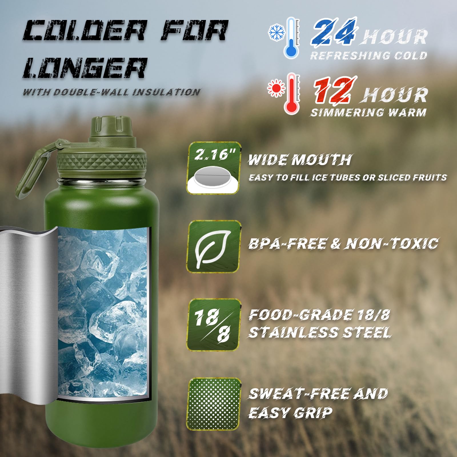 32 oz Water Bottle with Sleeve - Military Green Stainless Steel Metal Insulated Water Jug, Sports Bottle for Gym Hiking Camping Camo Pouch