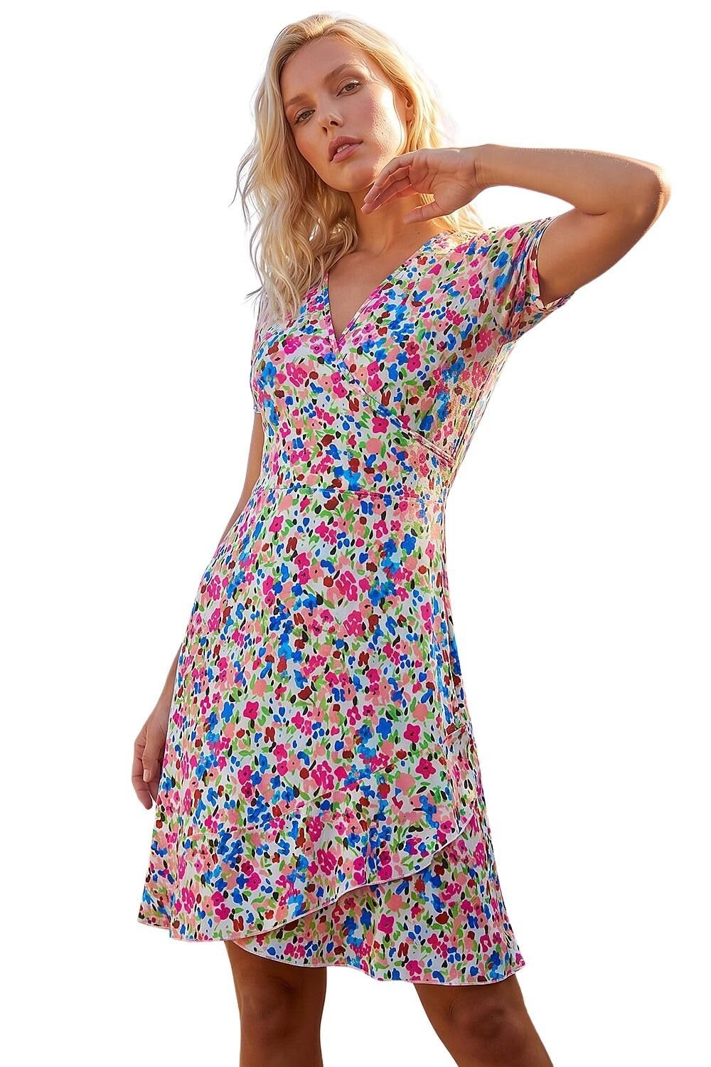 Roman - Women's Floral Frill Wrap Dress - Blue - Size 16