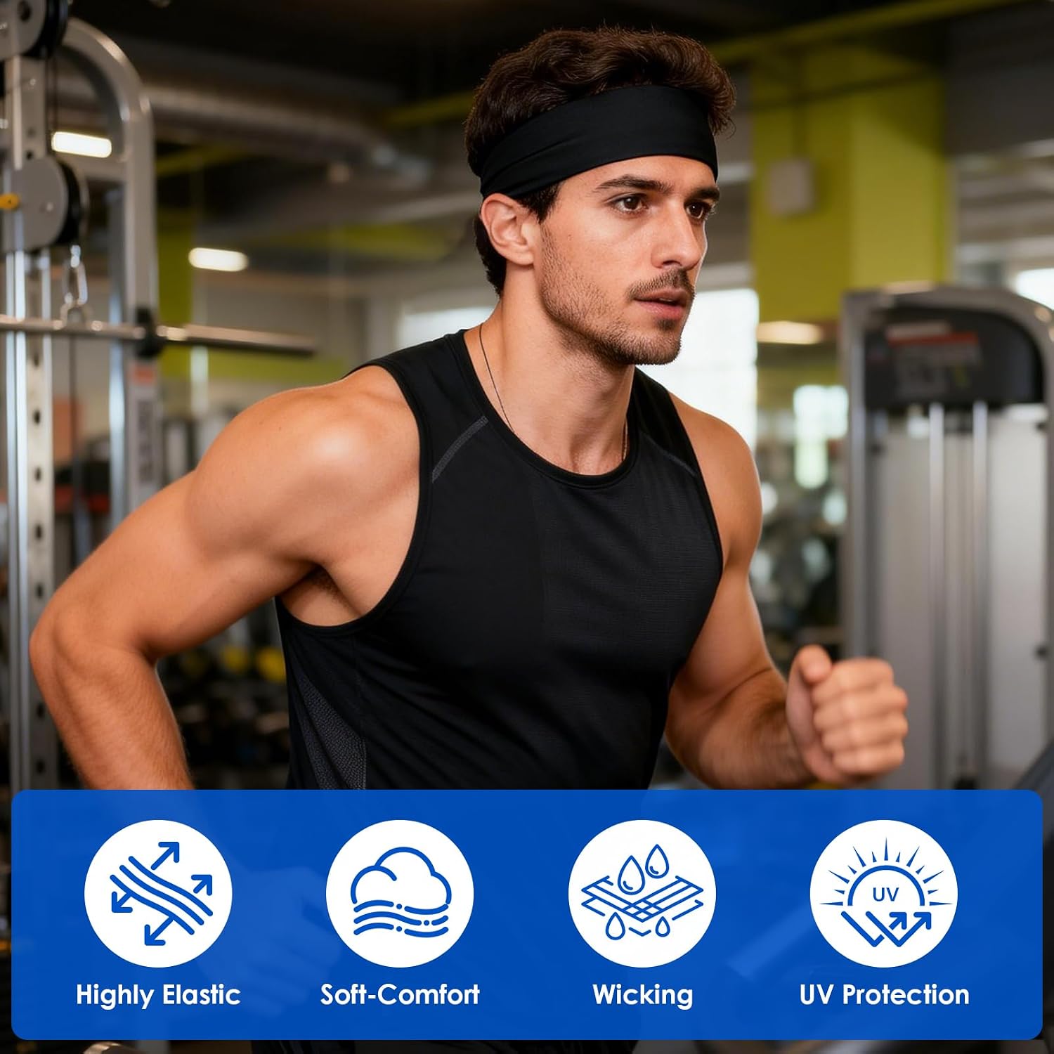 6 Pcs Sweat Wicking Headband for Men, Moisture Wicking Sports Headbands for Running Cycling Football and Basketball, Stretchy Workout Sweatbands for Long Hair Fitness Head Bands