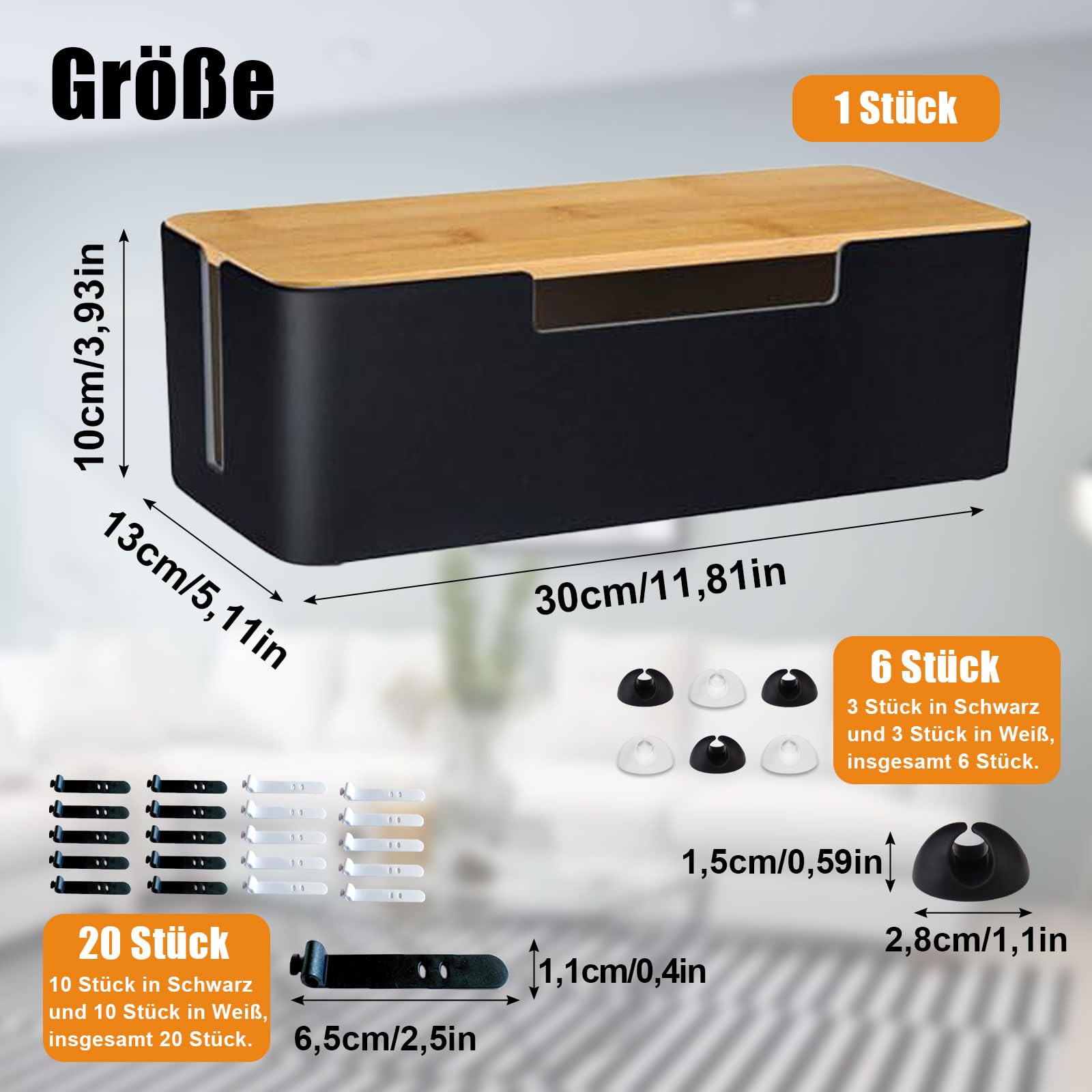 Pudełko na kable, organizer na kable z drewnianą pokrywą, 30 x 13 x 10 cm, z tworzywa sztucznego, z opaskami kablowymi i uchwytem na kable, pudełko na gniazdko elektryczne, na przedłużacz, paski