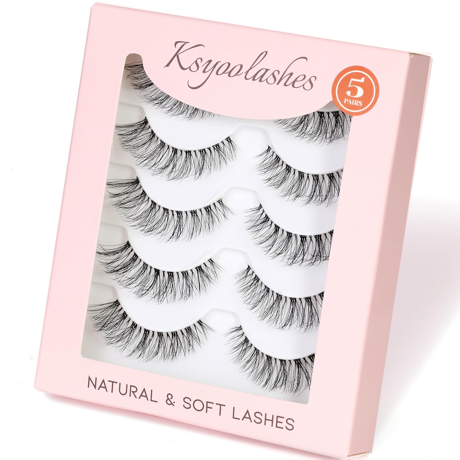 KSYOO Natural Strip Lashes with Clear Band Wispy,8-15mm Cat Eye D Curl Strip Lashes That Look Like Extensions,3D Fluffy Faux Mink False Eyelashes Natural Look