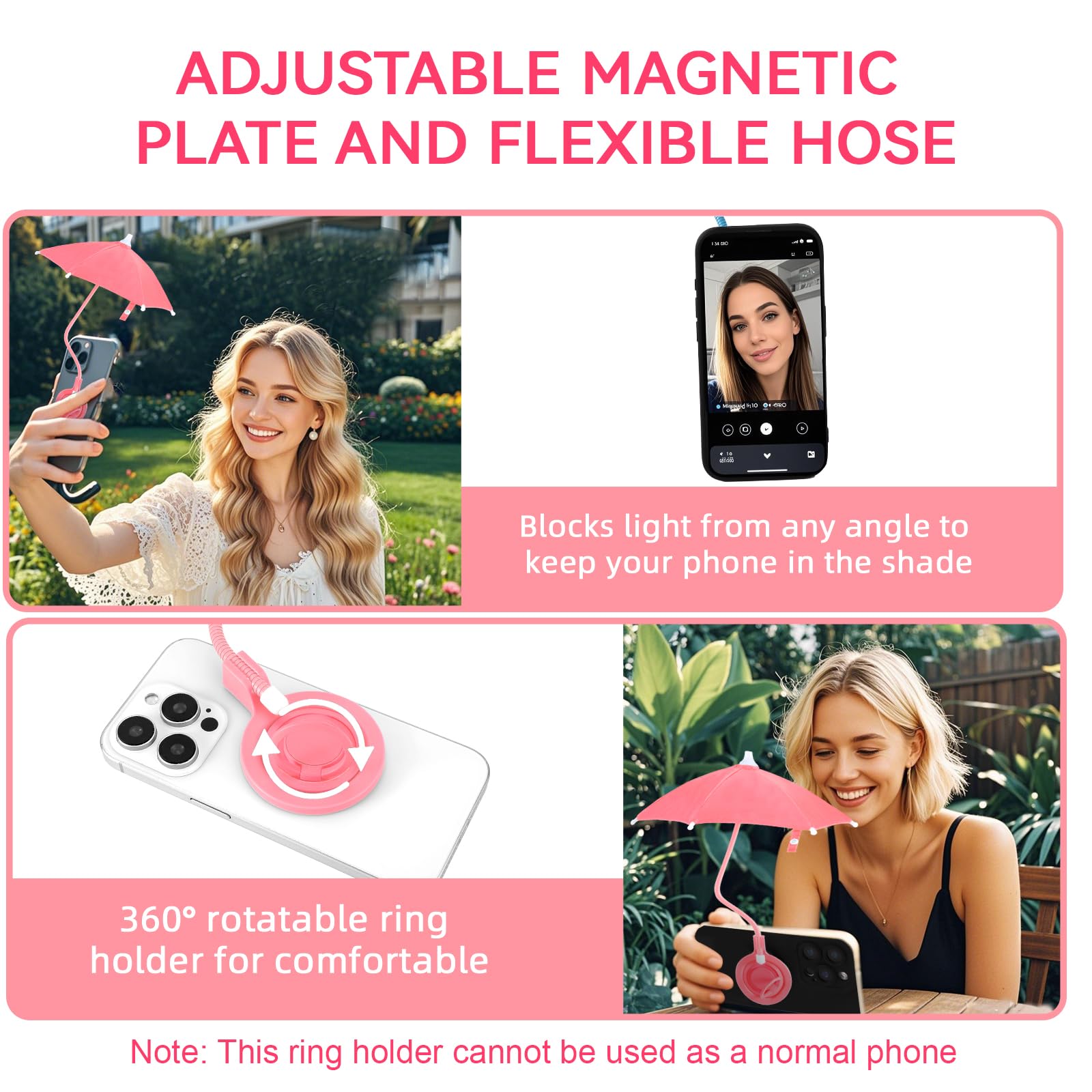 Magnétique Parapluie de Téléphone, Réglable Pare-Soleil pour Téléphone Portable pour iPhone 16/15/14/13/12 et Appareils Android Non Magnétiques (Rose)