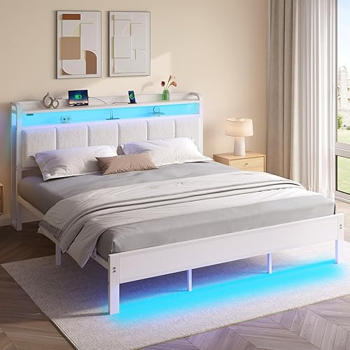 Miniatura 14 de Rolanstar Base de cama tamaño individual con estación de carga y luces LED, cabecera de piel sintética con estantes de almacenamiento, listones de