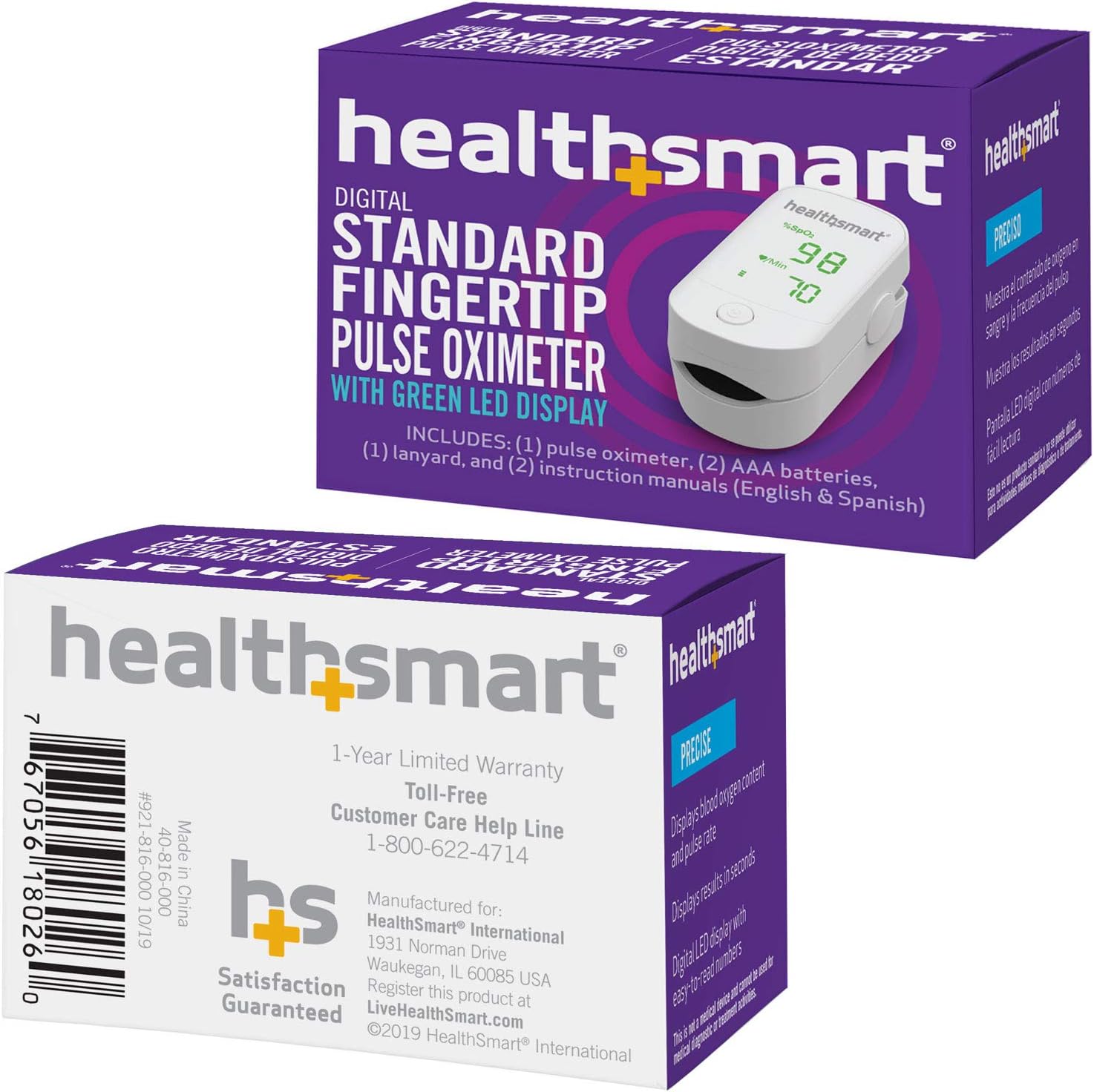 HealthSmart Pulse Oximeter for Fingertip That Displays Blood Oxygen Saturation Content, Pulse Rate and Pulse Bar with LED Display, Accurate and Reliable, Green