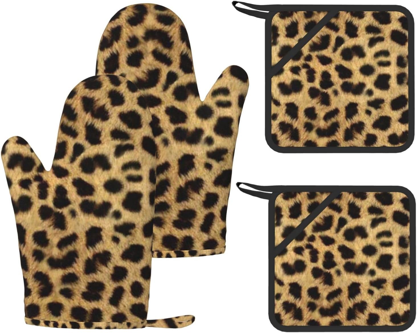 Leopard Animal Print Oven Mitts and Pot Holders Set of 4 Heat Resistant Kitchen Gloves with Silicone Palm Hot Pads for Baking Cooking Grilling BBQ