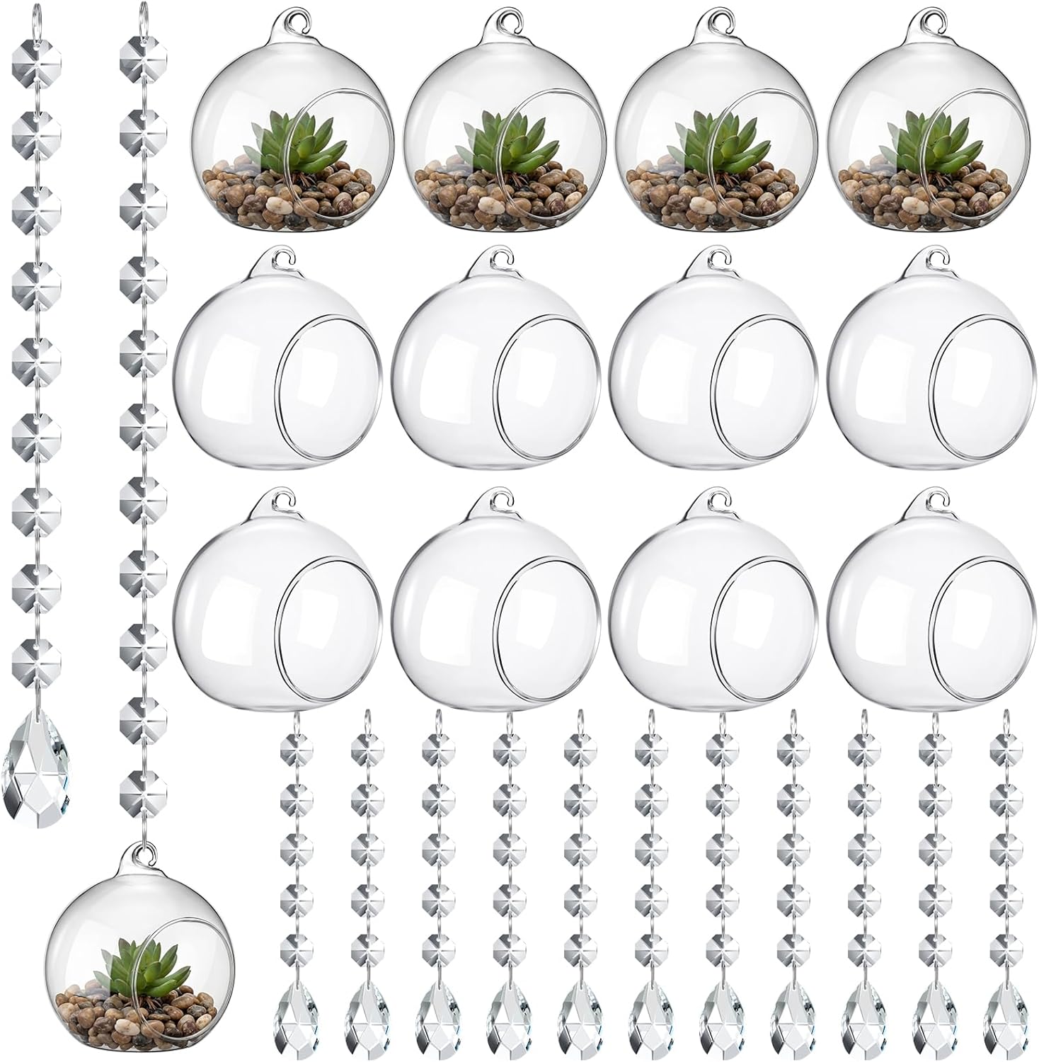 GlikCeil 56 Pcs 3.15'' Hanging Glass Tealight Holder Globe with K9 Crystal Garland Strands,Teardrop Pendant Hanging Tealight Candle Holder Orbs Air Plant for Wedding Centerpiece Party Decor (Clear)
