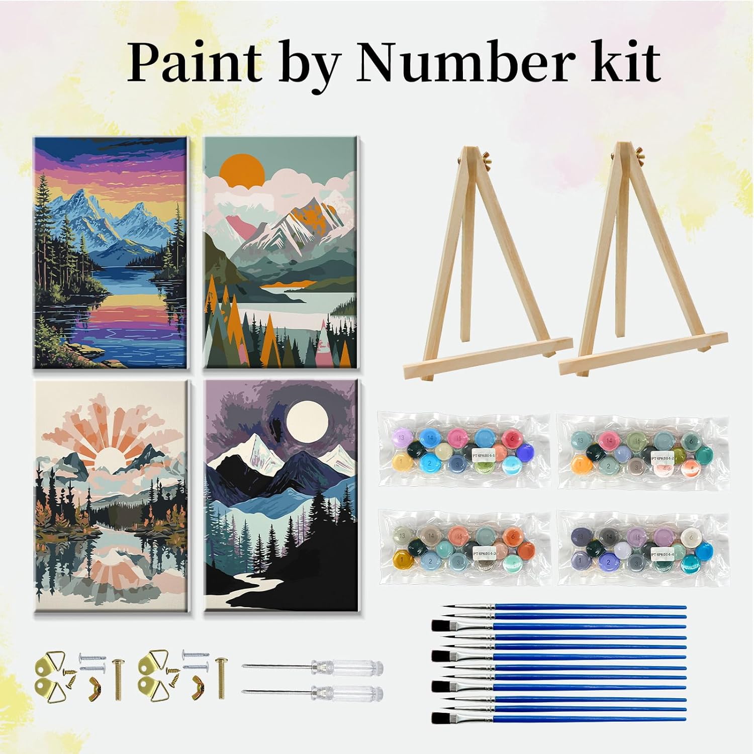 JOOZ 4 Pack Paint by Numbers Kit for Adults with Frame Mountain Landscape Paint by Number with Easel DIY Lake Adult Paint by Number Kits Sunset Easy Oil Painting Kits for Home Wall Decor 8x12 Inch