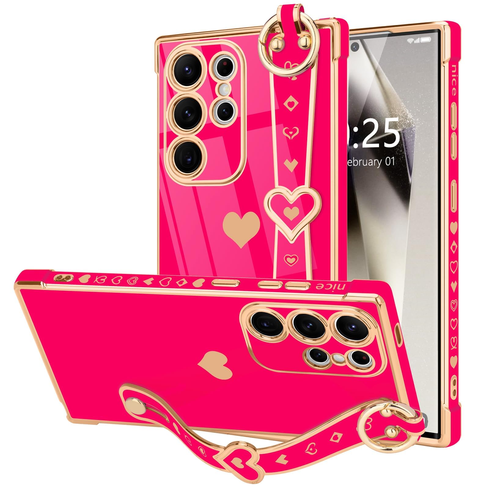 LLZ.COQUE for Samsung Galaxy S24 Ultra Case Cute Love-Heart Plating Strap for Women Girls Bling Silicone Camera Protection Bumper Shockproof Phone