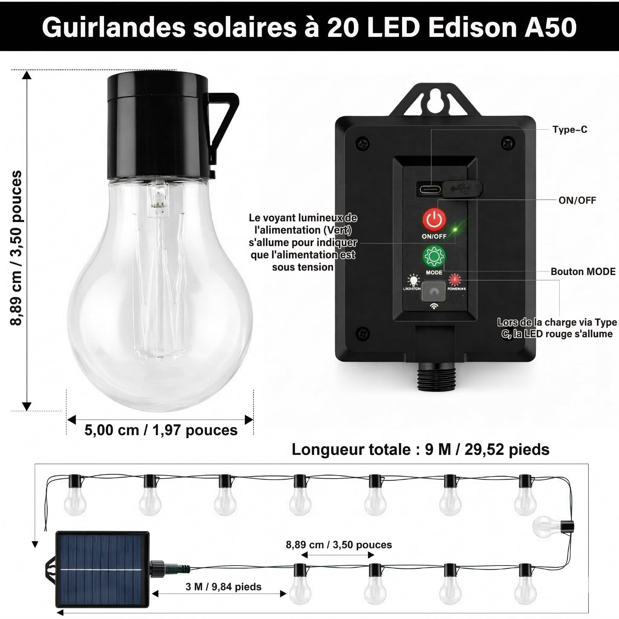 Guirlande Lumineuse Extérieure Solaire, 9M 20 LED Guirlande Guinguette Solaire et Rechargeable USB, 8 Modes Étanche Éclairage d'Ambiance pour Jardin, Balcon, Terrasse, Fête (Blanc Chaud)